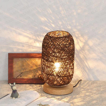 Rattan Table Lamp with Woven Rope Shade and Wooden Base – Cozy Bedside Lamp for Living Room and Bedroom 0
